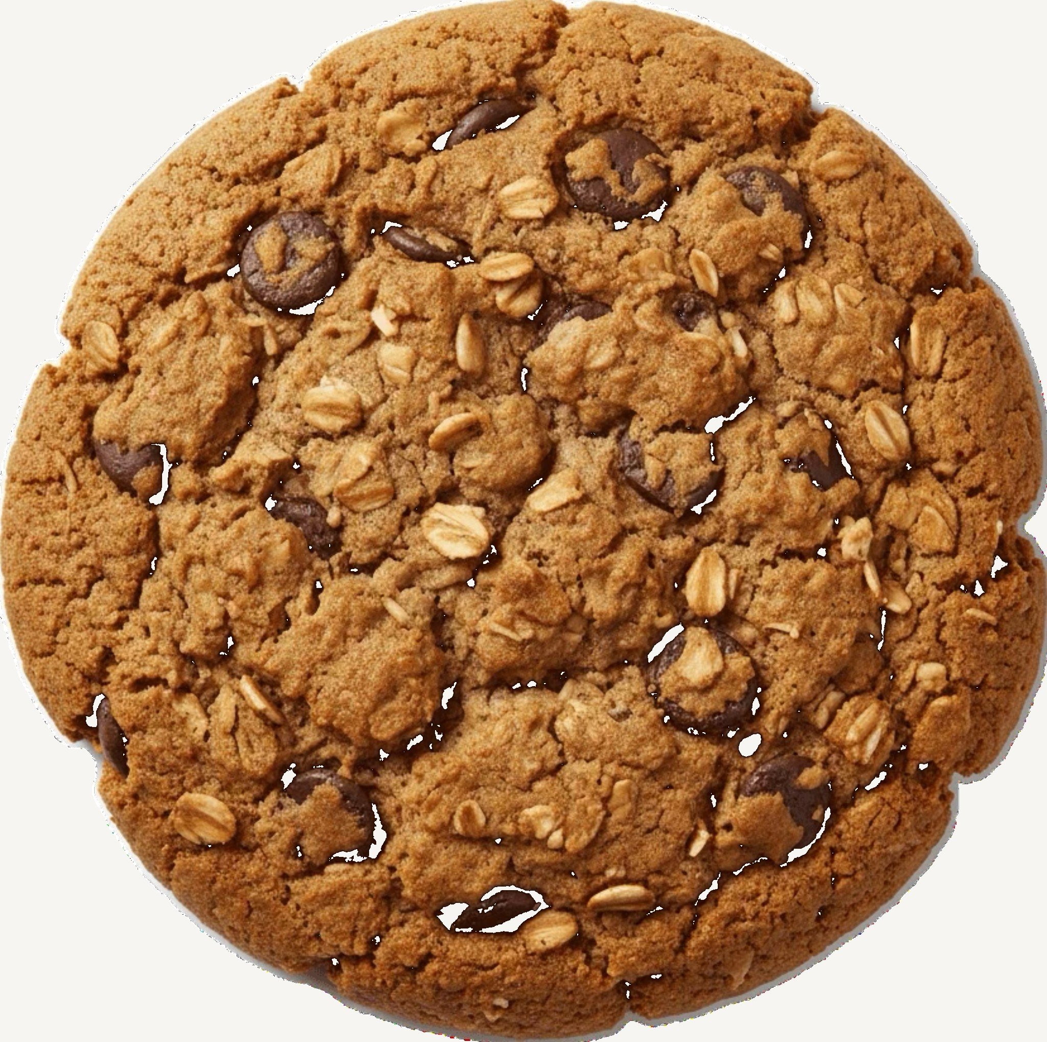 Top-down view of a thick golden-brown oat and chickpea chocolate chip cookie on a clean white surface
