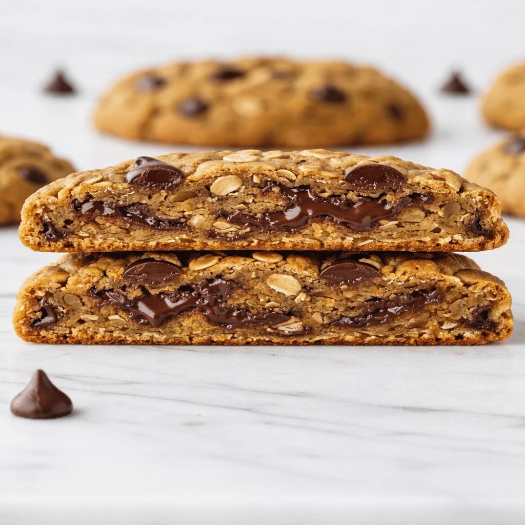 Cross-section of an oat and chickpea chocolate chip cookie revealing its dense golden interior