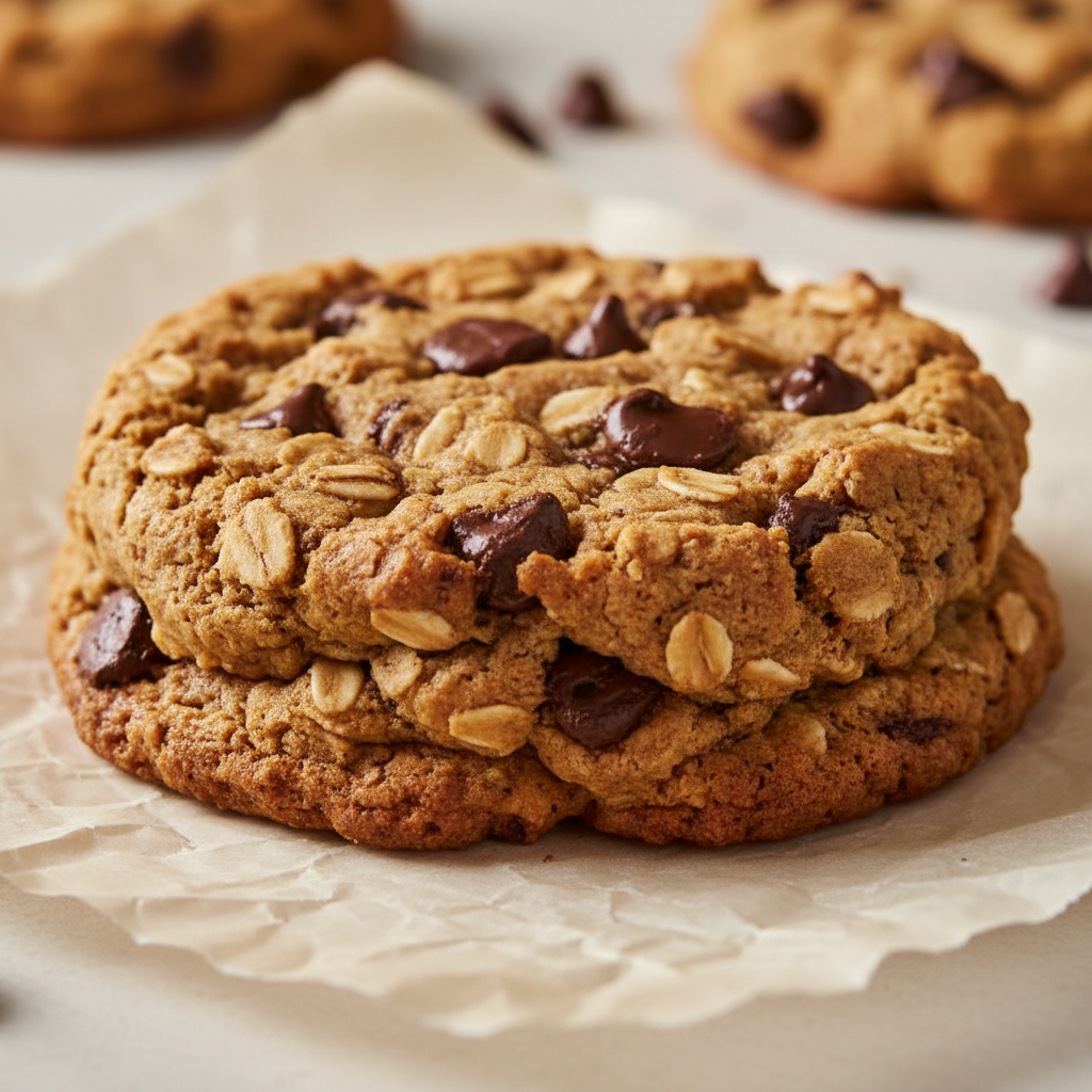 Close-up side angle of a thick chunky oat and chickpea chocolate chip cookie showing its height and rustic texture