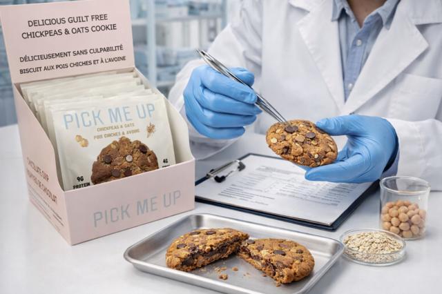 A thick golden-brown chickpea and oat chocolate chip cookie next to a white Pick Me Up box labeled Chocolate Chip and a light blue individual wrapper with Pick Me Up branding