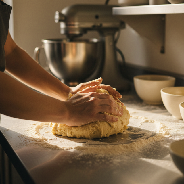 Hands shaping cookie dough on a wooden surface surrounded by oats and flour